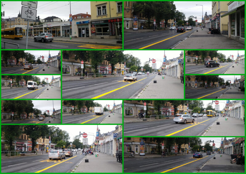 Insgesamt 12 Fotos von der selben Stelle auf der Kesselsdorfer Straße / Haltestelle Bünaustraße. Auf den Fotos deutlich sichtbar die Aufschrift "Bus" auf der Fahrbahn und ein rotes Einbahnstraßenschild. Trotzdem fahren die Autos durch die Haltestelle