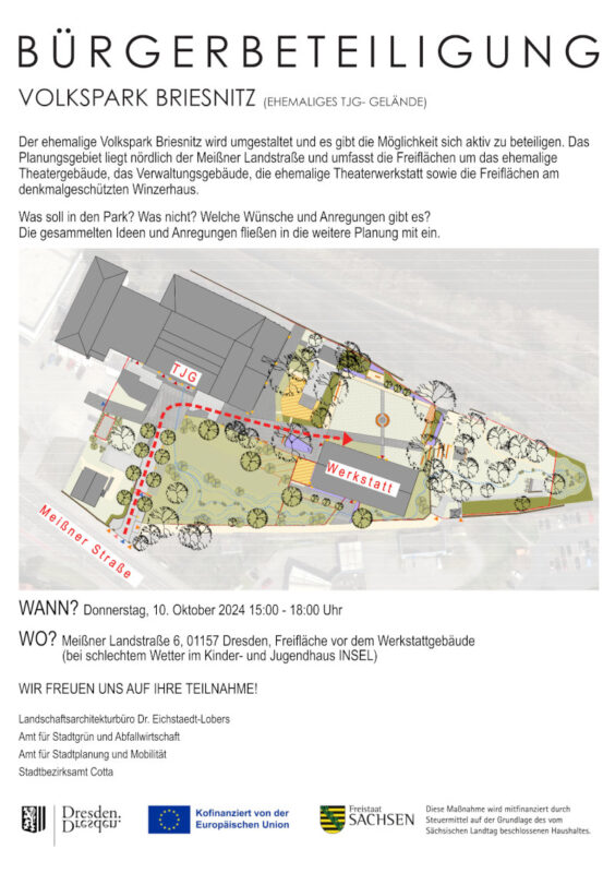 Ein Flyer mit der Überschrift "Bürgerbeteiligung" einer Einleitung und eine Skizze vom zukünftigen Volkspark Briesnitz mit dem Werkstättengebäude.