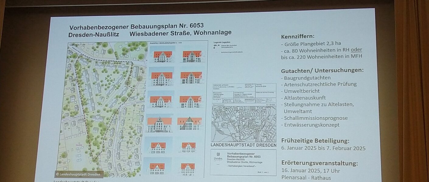 Foto der Präsentation im Rathaus. Gezeigt wird links der grobe Lageplan, Front-Ansichten von Häusern mit rotem Giebel-Dach.